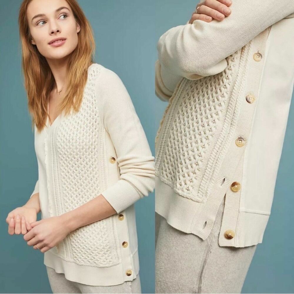 Anthropologie Saturday Sunday Women's Cream V Neck Knit Long‎ Sleeve Top Medium
